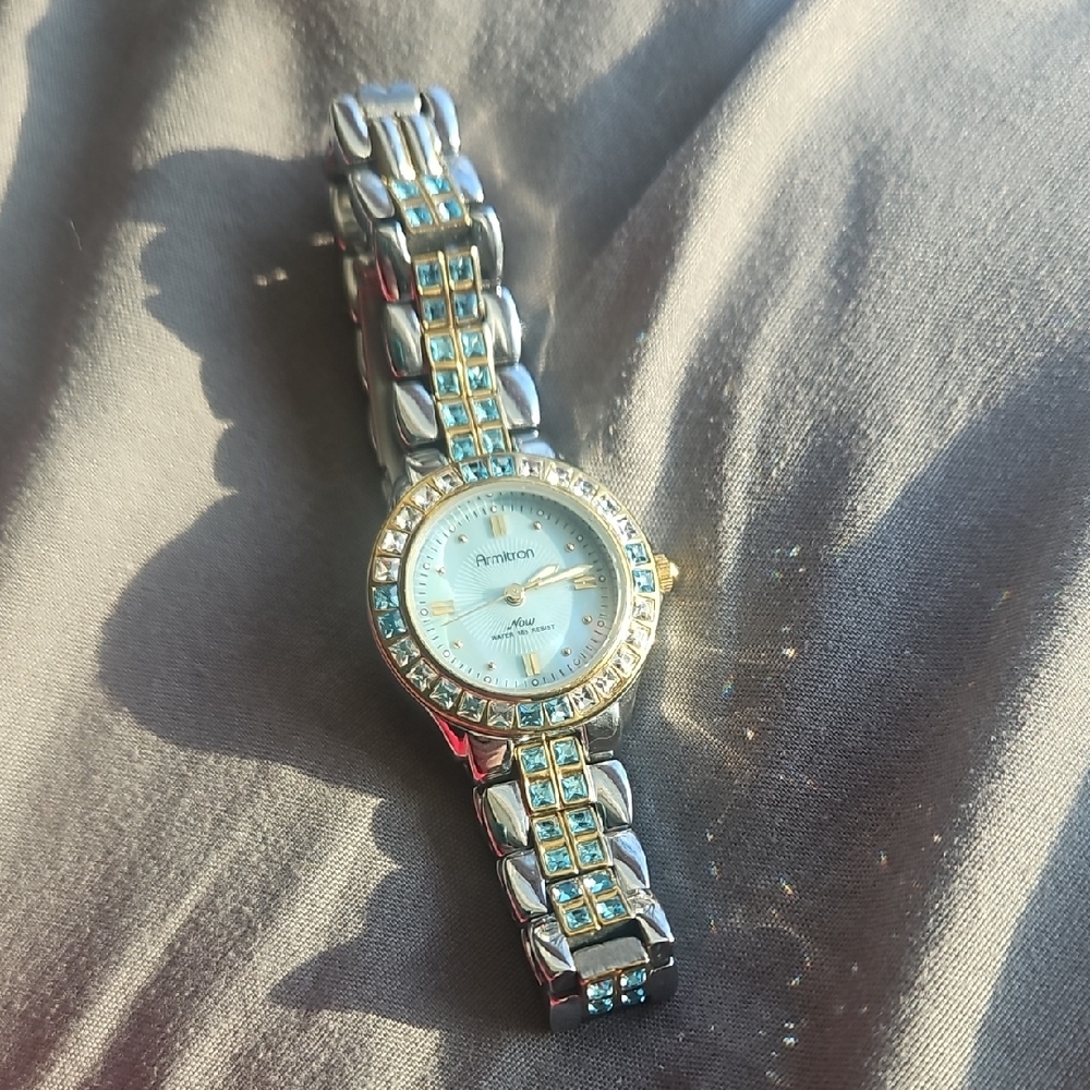 Armitron Two-Tone Silver and Gold Women's Watch with Blue Crystal Accents